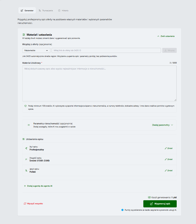 Generator opisów AI w Sads